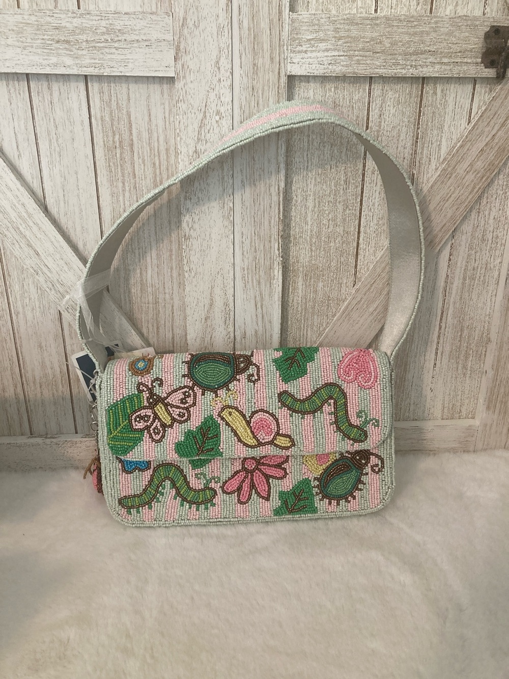 Beaded Whimsical Garden Bag in Pink & Green